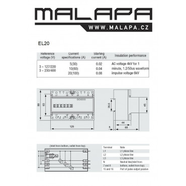 schéma zapojení 3f analogového elektroměru na DIN lištu EL20