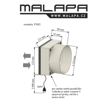 rozměry a popis nástěnného ventilátoru VN02