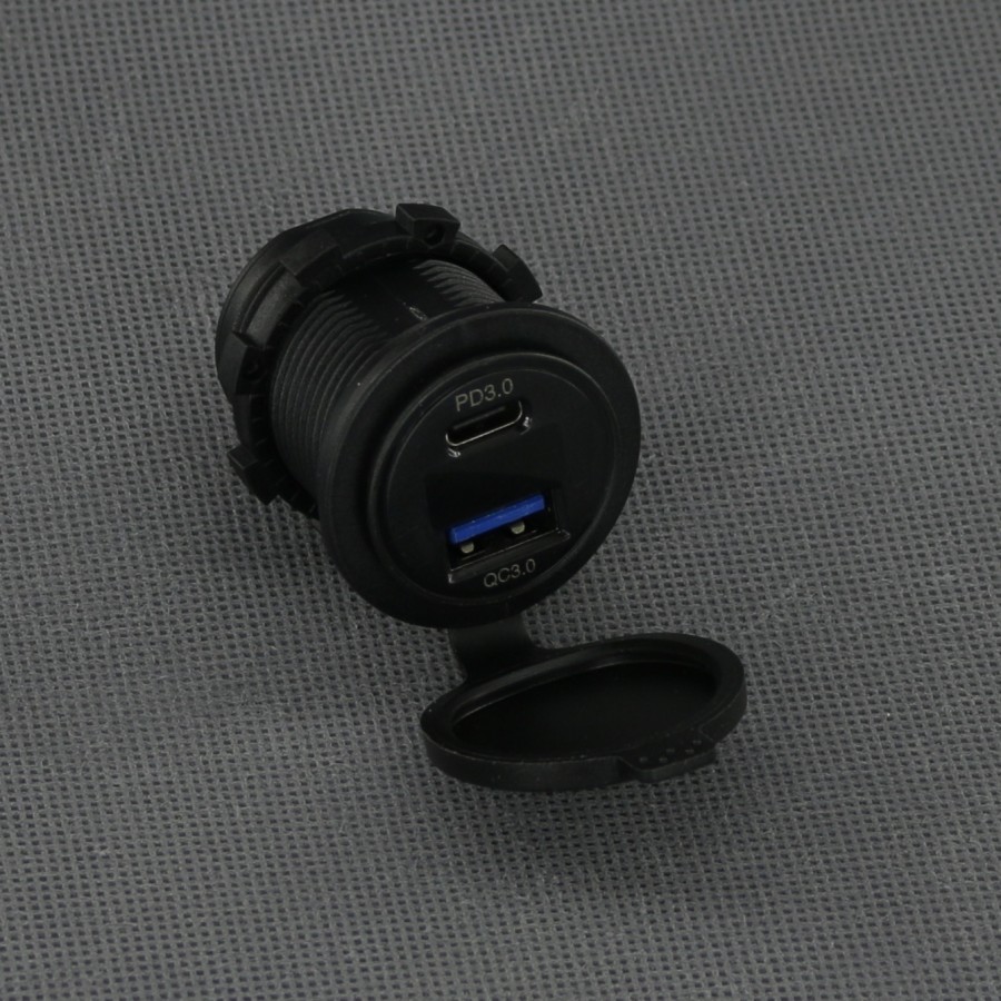 SI856 - USB-A QC3.0 a USB-C PD nabíječka a voltmetr, IP65, panelová